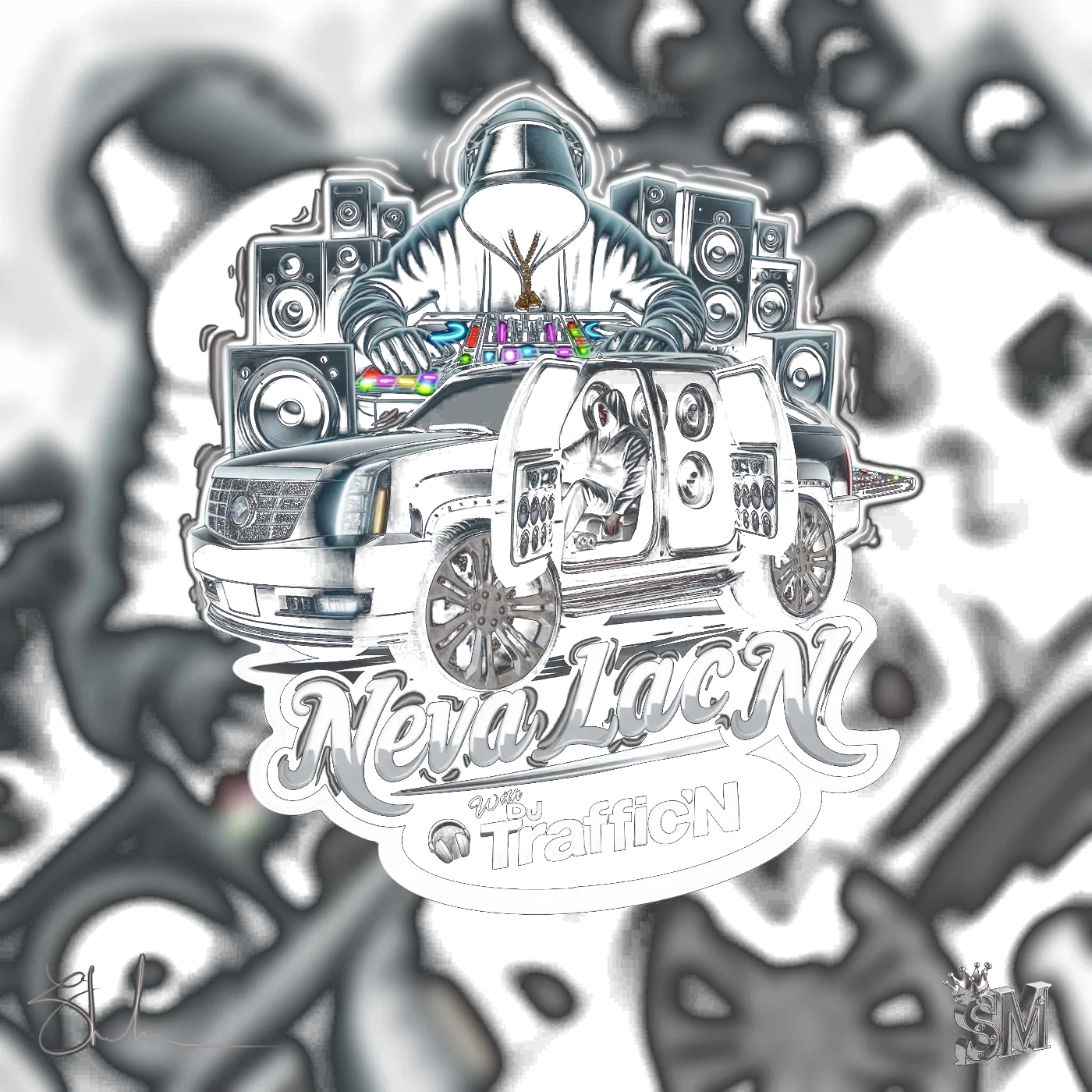 Neva Lac'N with DJ Traffic'N sticker art: black Escalade, speaker wall, chrome script
